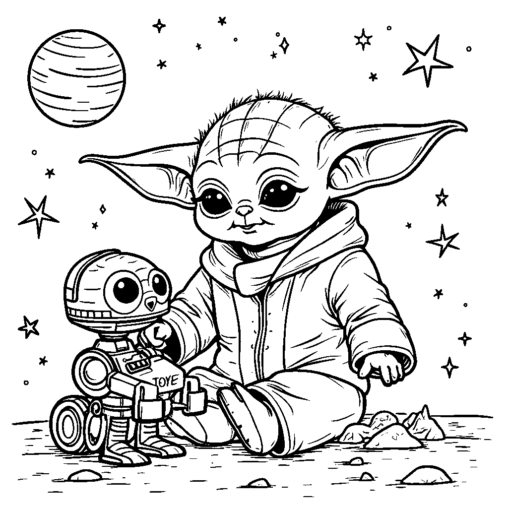 Baby Yoda playing with a toy robot