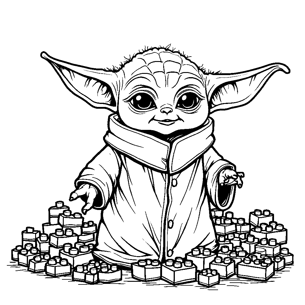 Baby Yoda playing with a set of building blocks