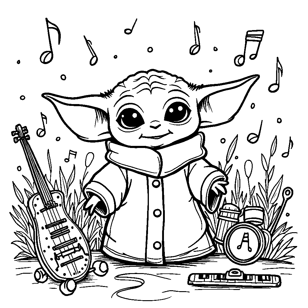 Baby Yoda playing with a set of musical instruments