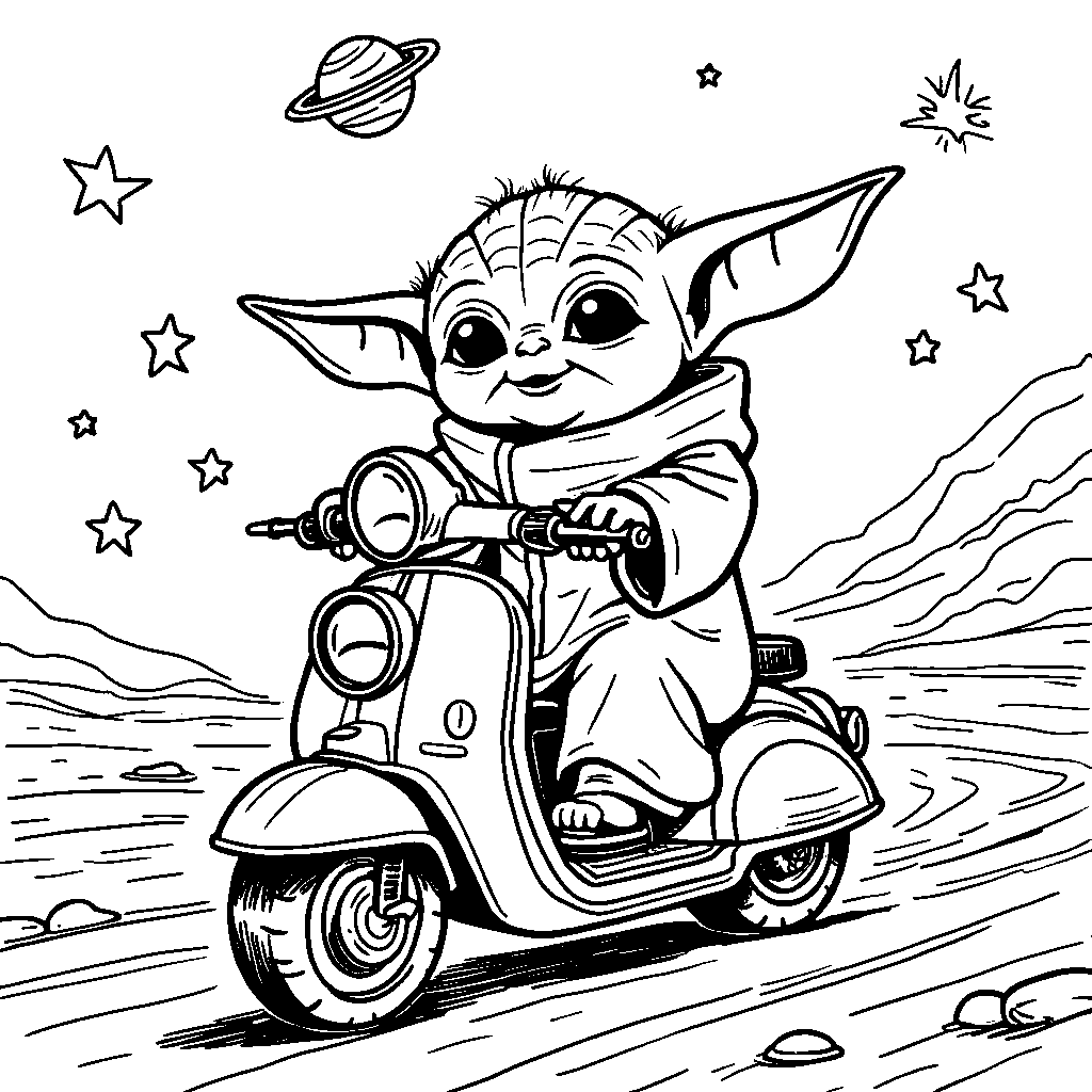 Baby Yoda riding a space scooter