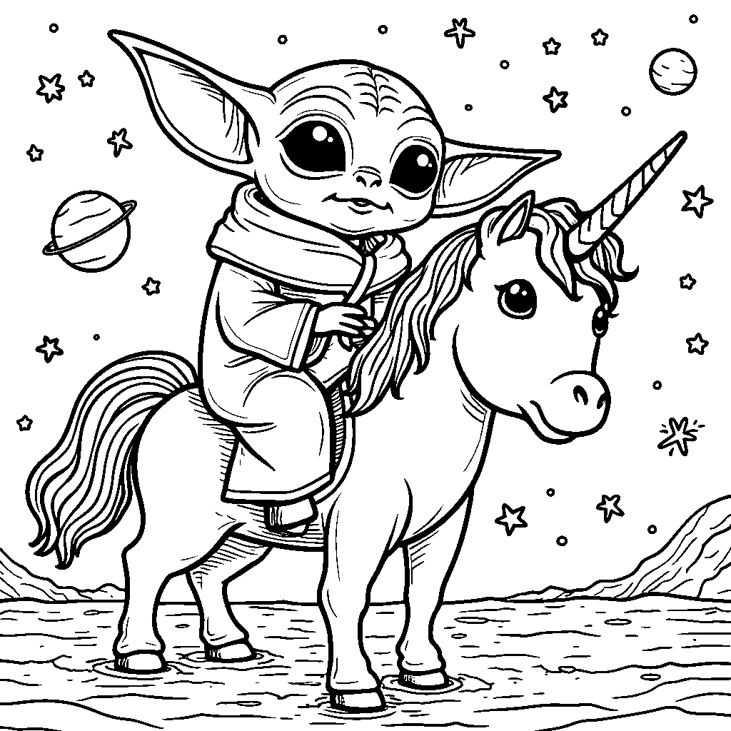 Baby Yoda riding a unicorn through space