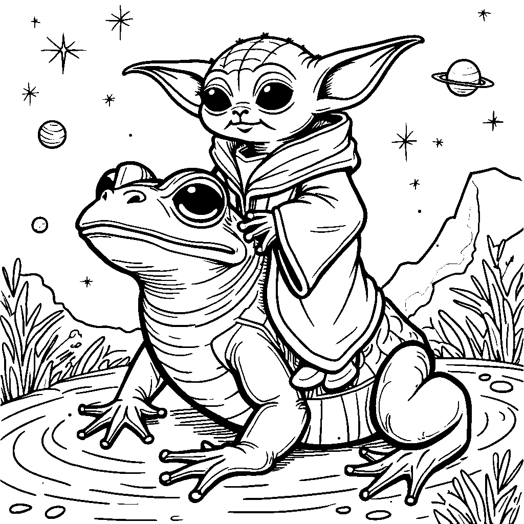 Baby Yoda riding on the back of a giant frog