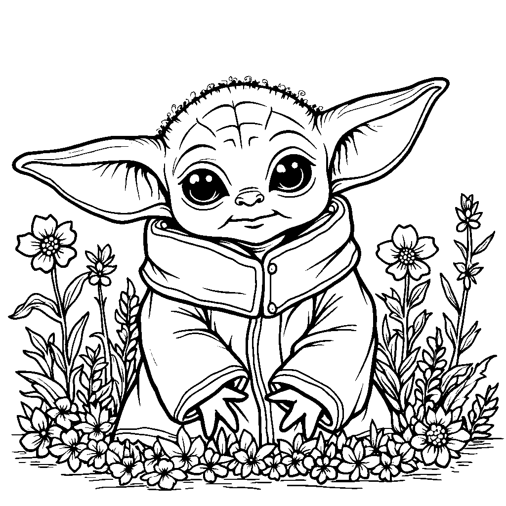 Baby Yoda sitting in a garden, surrounded by flowers