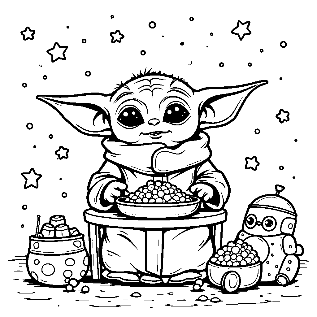 Baby Yoda sitting in a high chair eating mashed peas