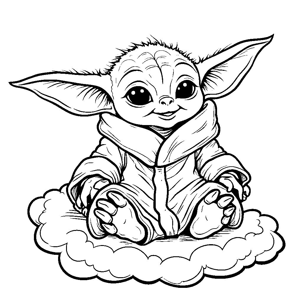 Baby Yoda sitting on a cloud, looking adorable