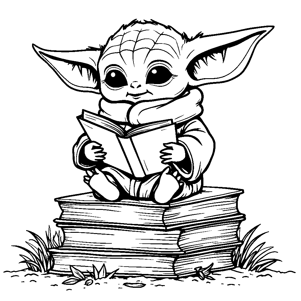 Baby Yoda sitting on a pile of books, reading a favorite story