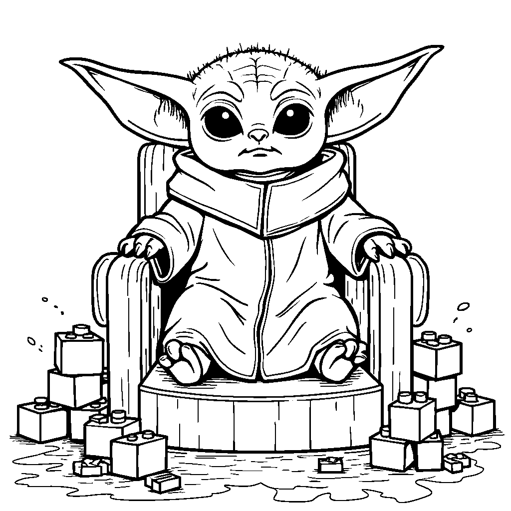 Baby Yoda sitting on a throne made of blocks