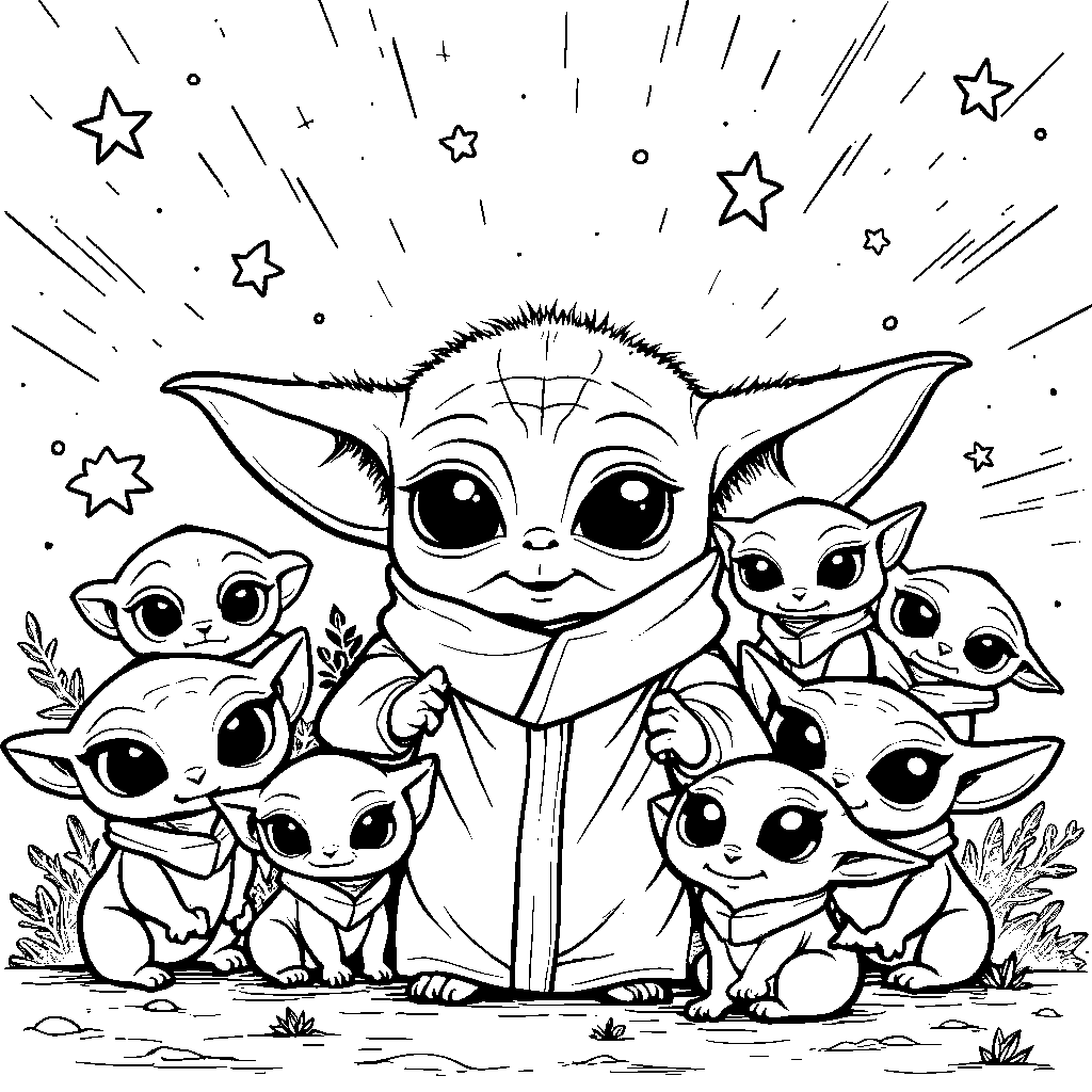 Baby Yoda surrounded by cute alien friends