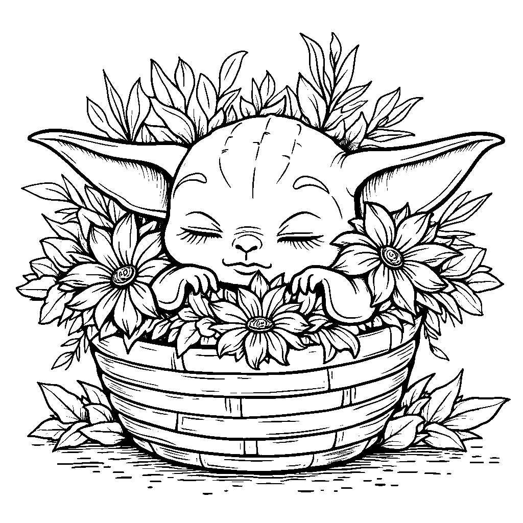 Baby Yoda taking a nap in a basket of flowers