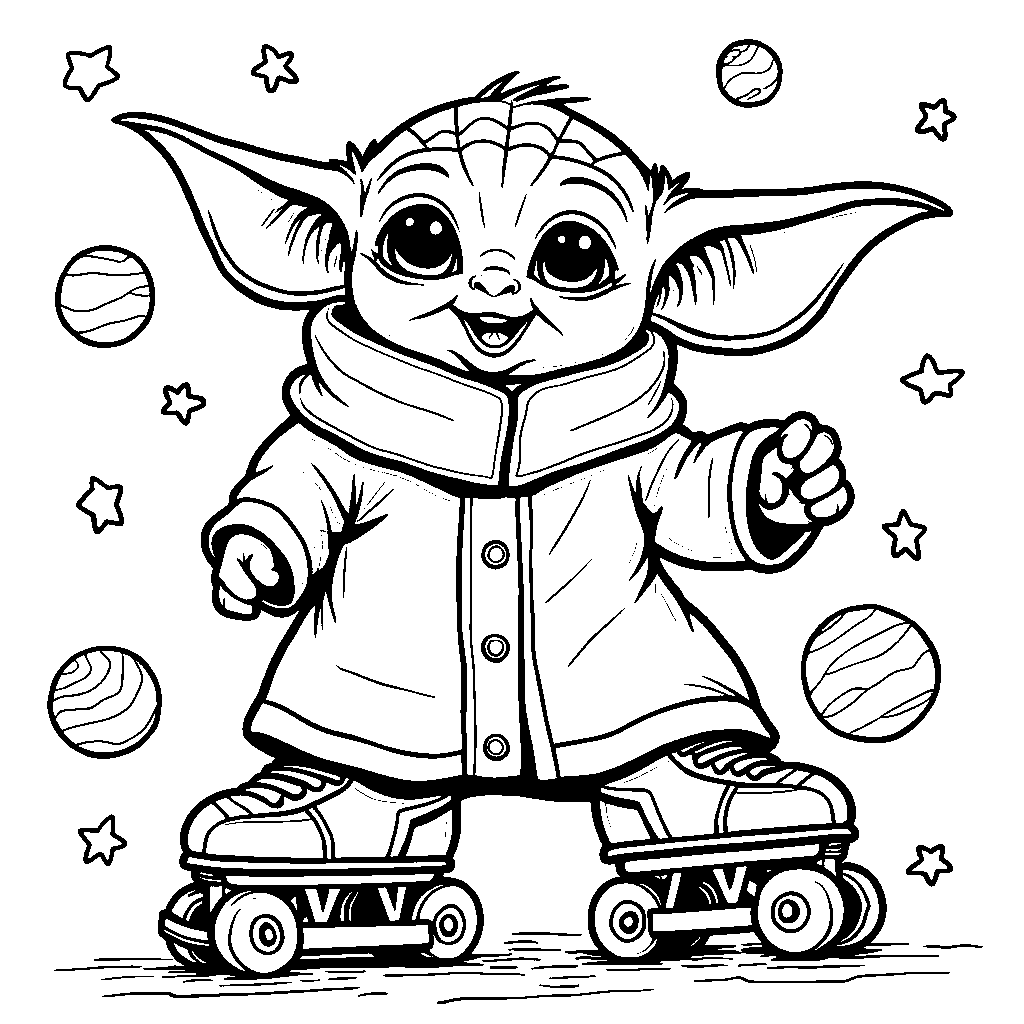 Baby Yoda wearing a pair of roller skates