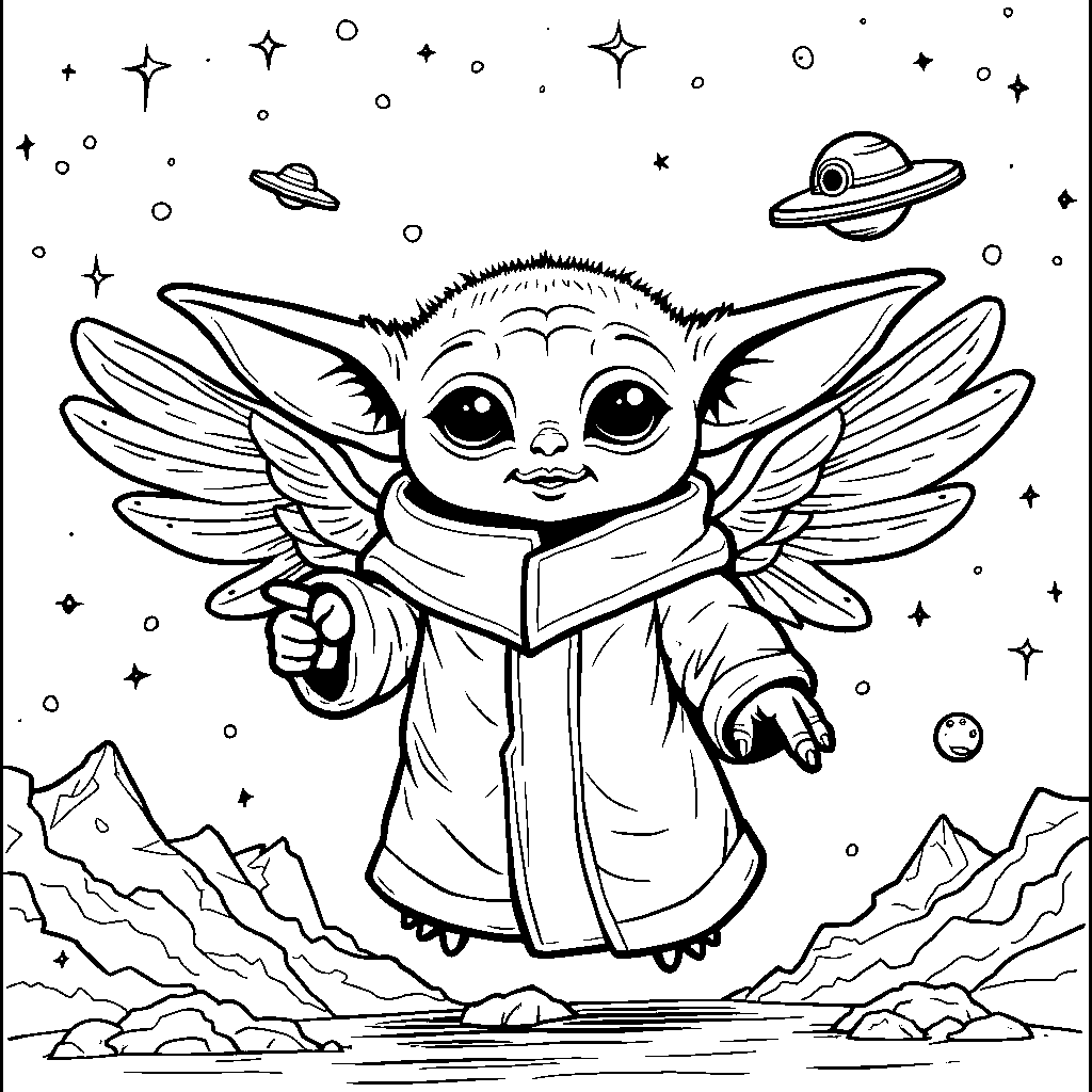 Baby Yoda wearing a pair of wings, flying through space