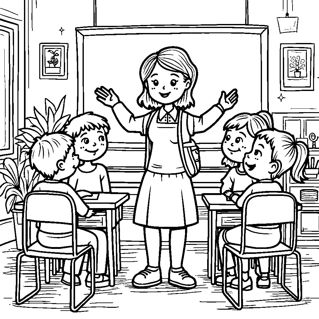 A cheerful classroom scene with a teacher and kids raising their hands