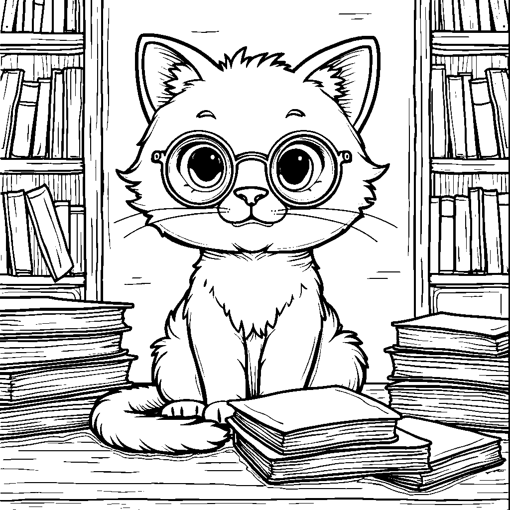 A cute cat wearing glasses studying in a library