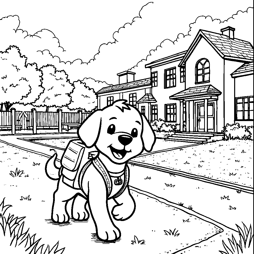 A friendly dog wearing a backpack going to school