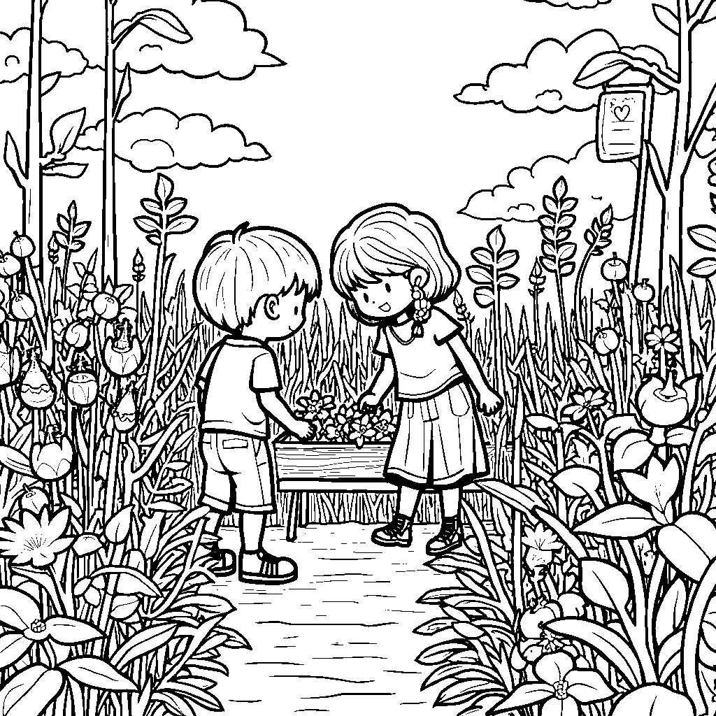 A fun drawing of a school garden filled with flowers and veggies