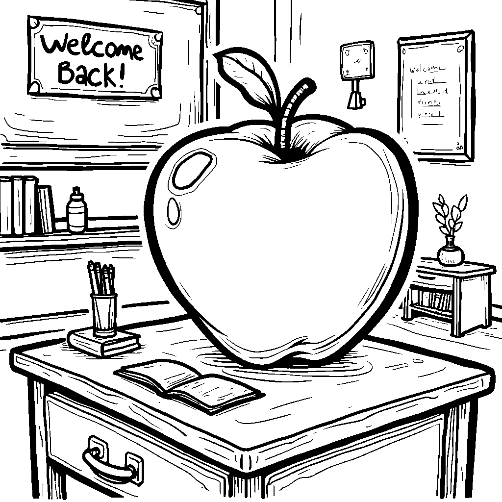 A giant apple on a desk with a note that says 'Welcome Back!'