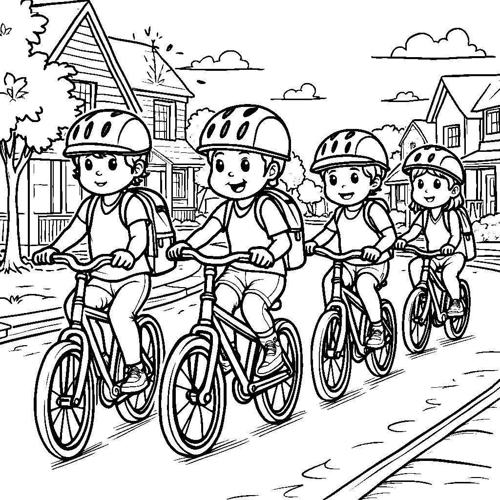 A group of kids riding bikes to school in a fun, animated way