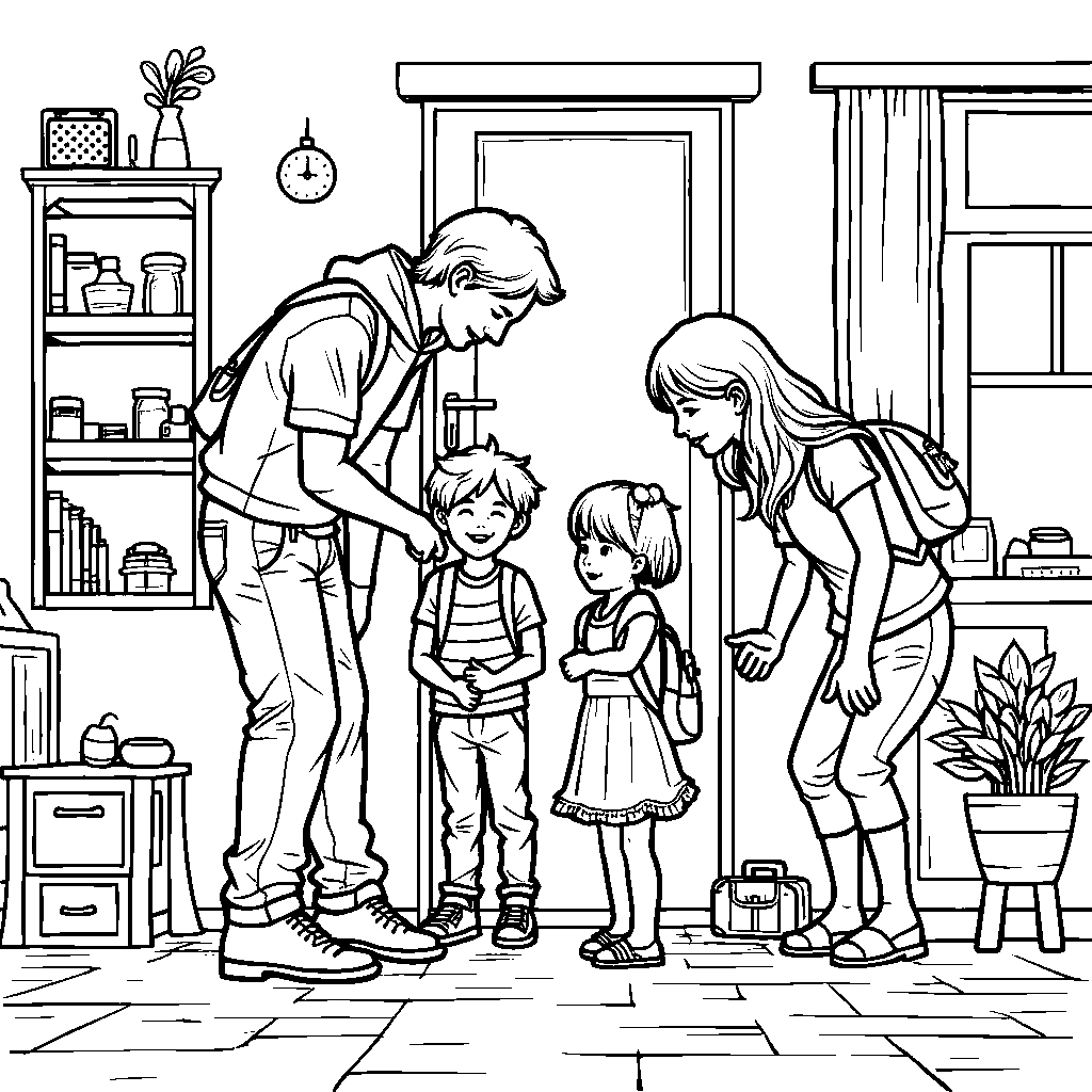 A happy family photo with kids getting ready for school