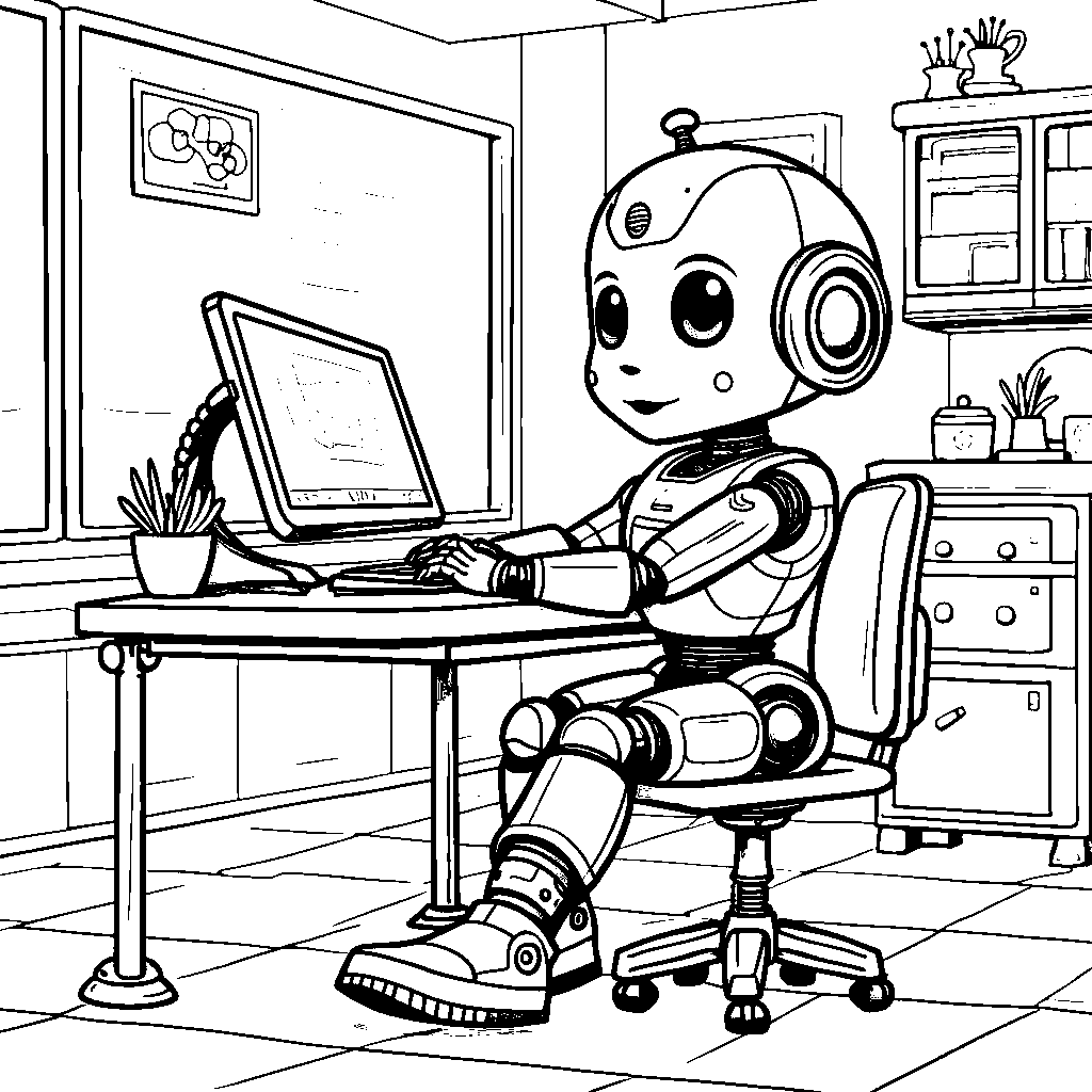 A happy robot student sitting at a desk with a futuristic theme