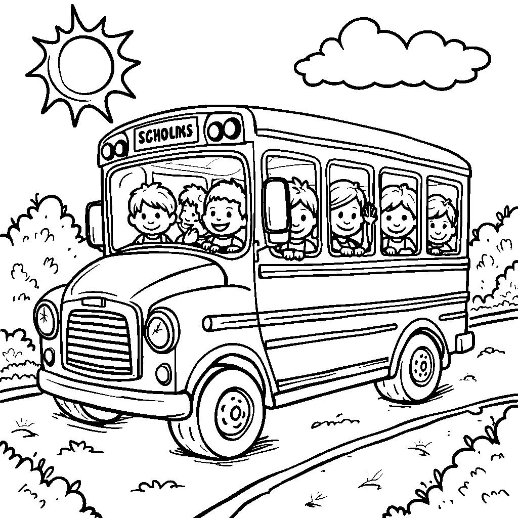 A school bus with happy children peeking out the windows