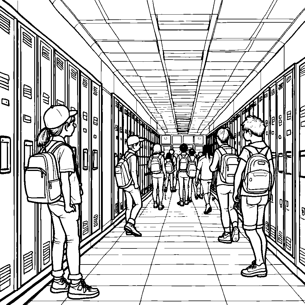 A side view of a bustling school corridor filled with lockers