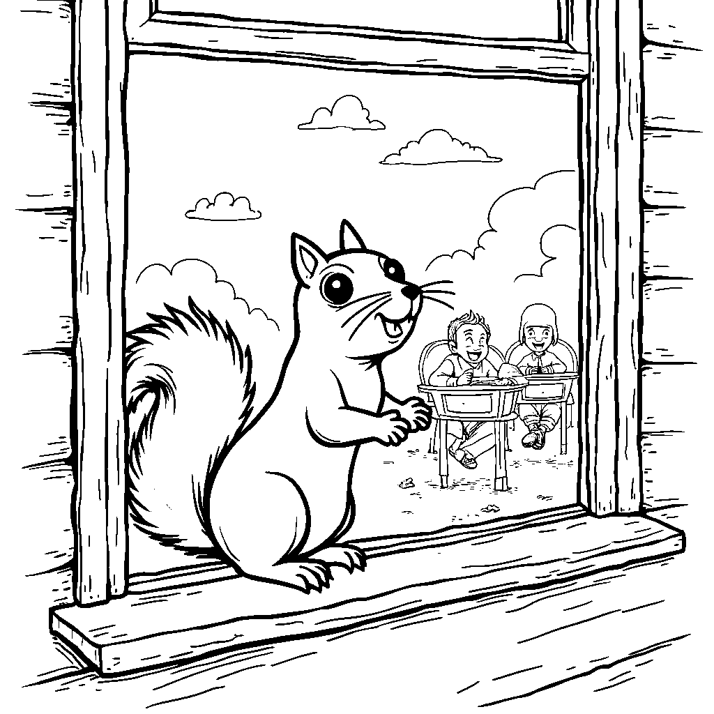 A squirrel peeking into a school window, curious about class