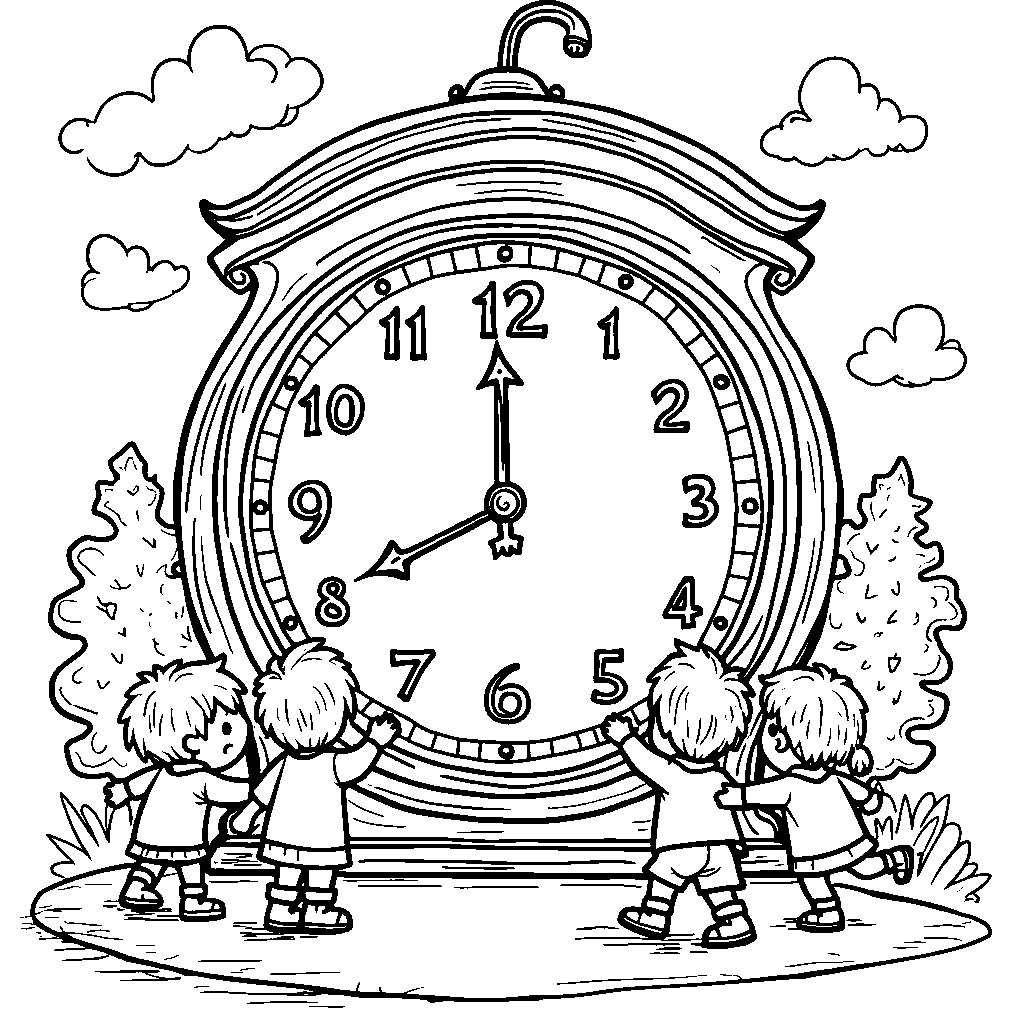 A whimsical clock showing school hours, with kids hurrying inside