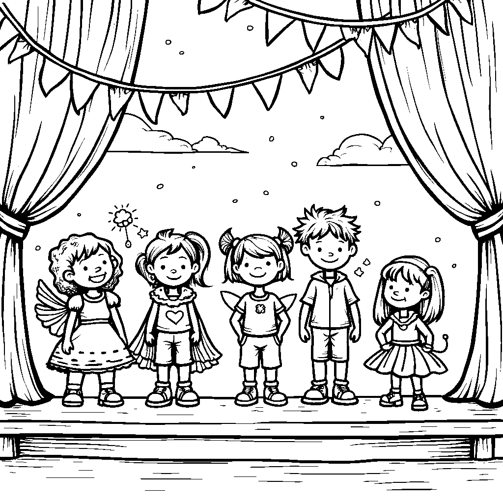 A whimsical drawing of kids preparing for a school talent show