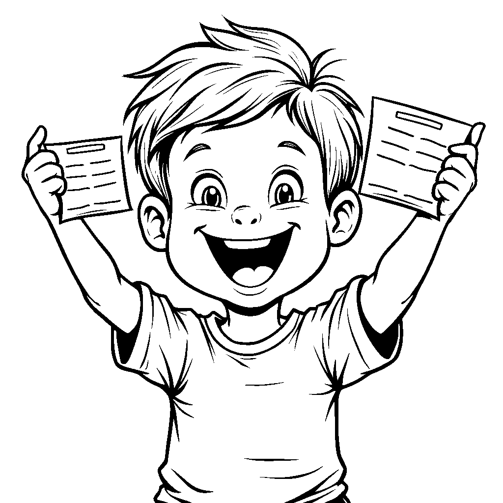 An excited kid holding up their report card with a big smile