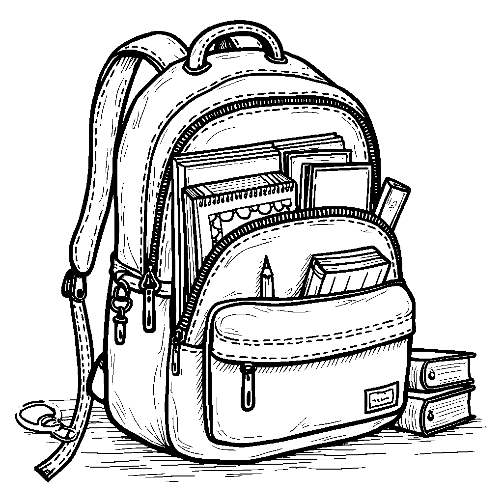 An open backpack filled with books, snacks, and school supplies