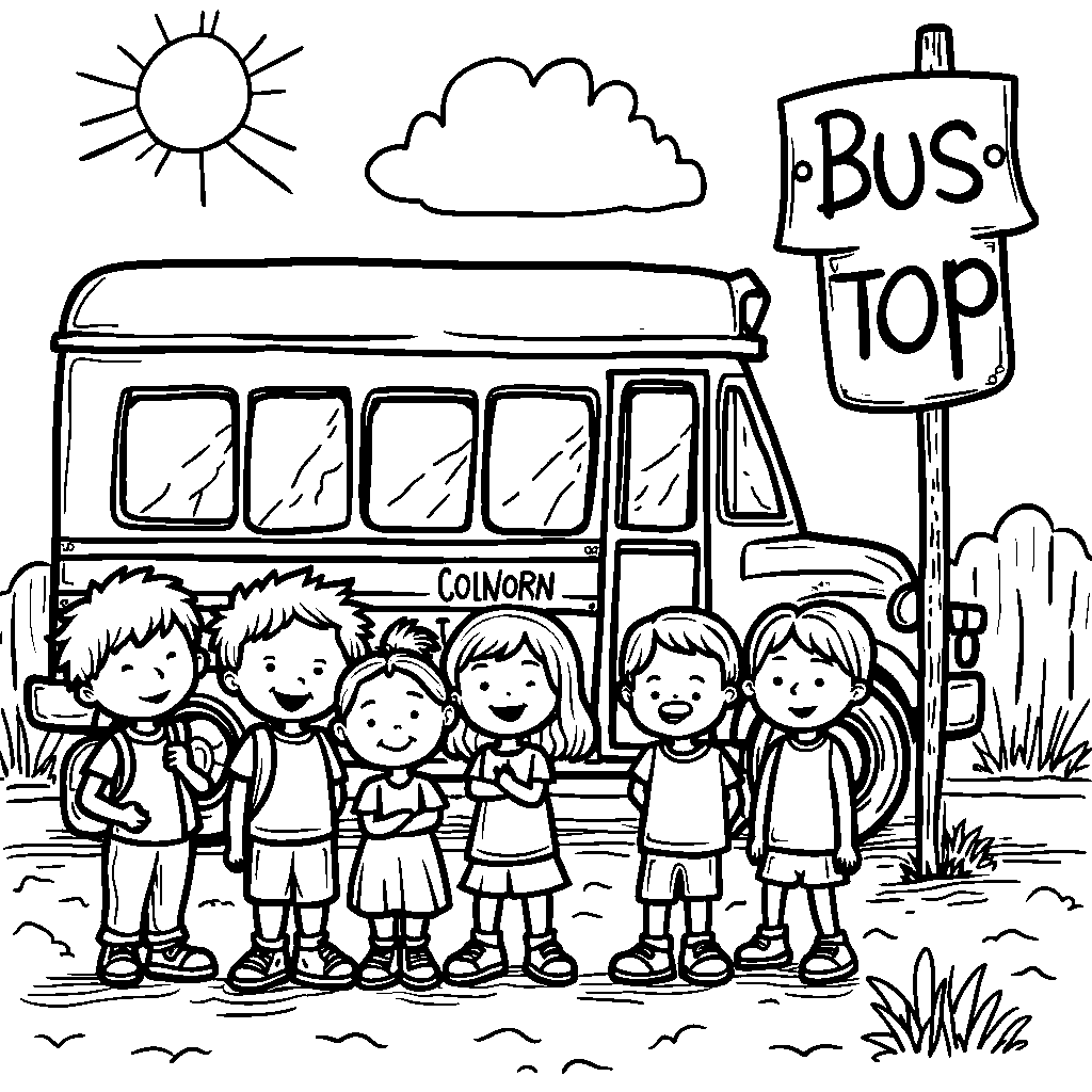 Cheerful bus stop sign with kids waiting for the school bus