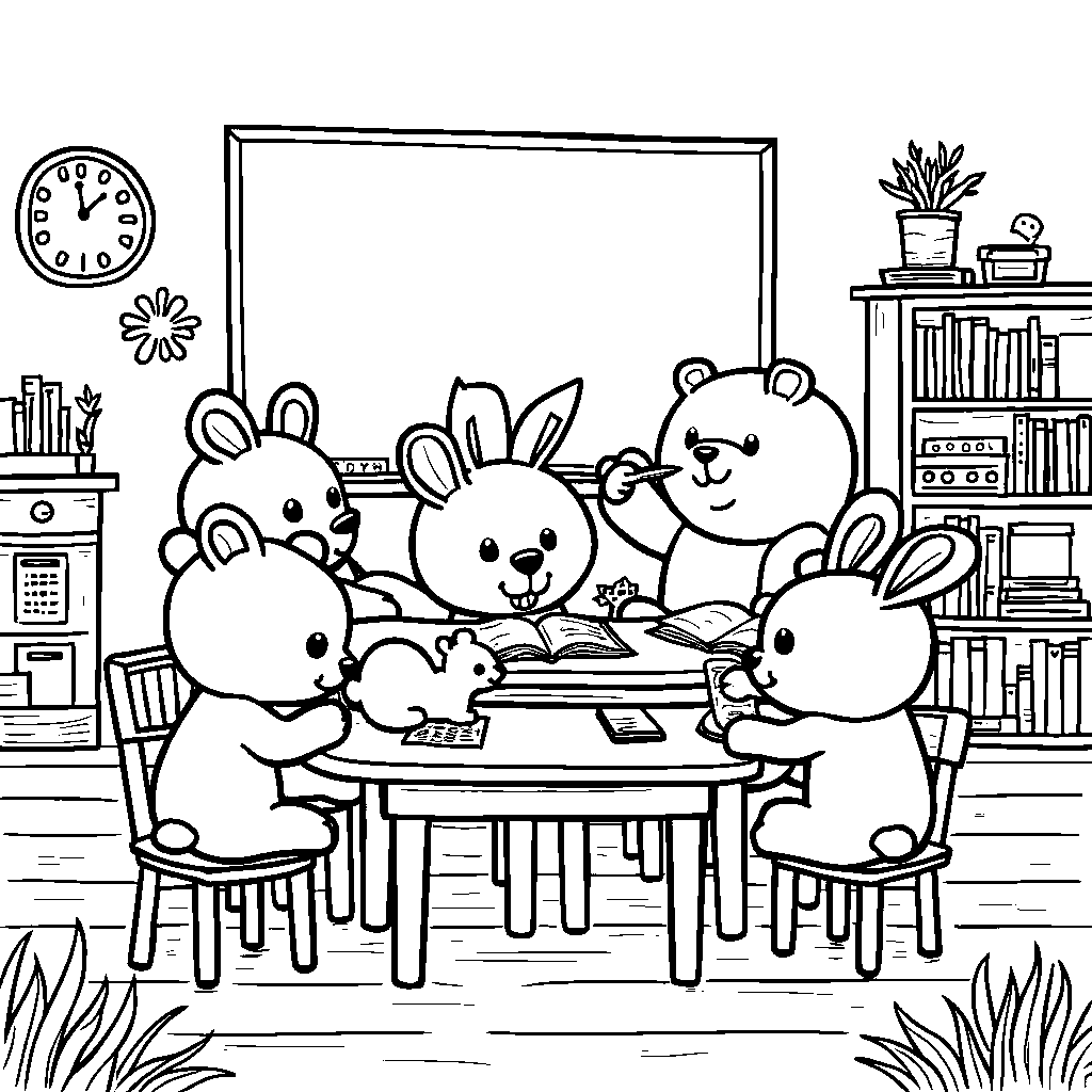 Cute animals like bears and bunnies riding in a classroom