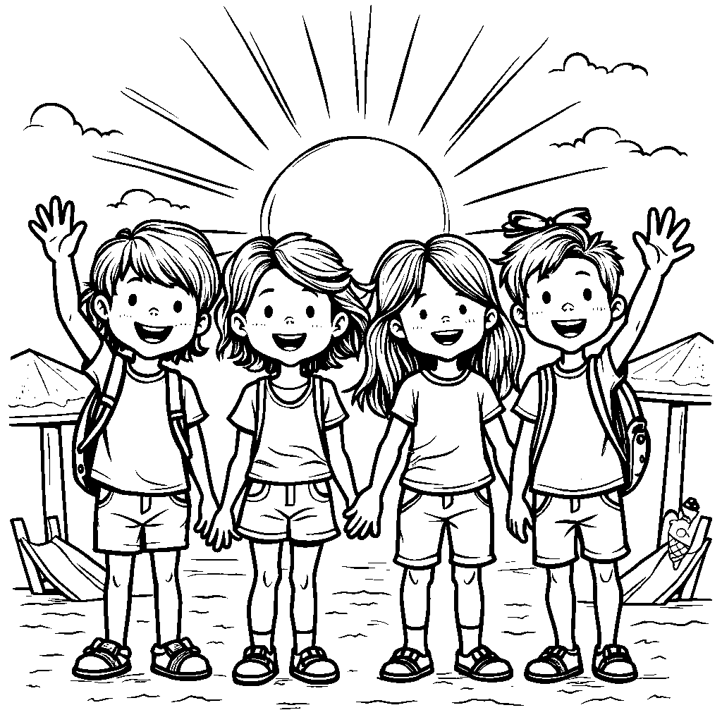 Four kids of different backgrounds waving goodbye to their summer