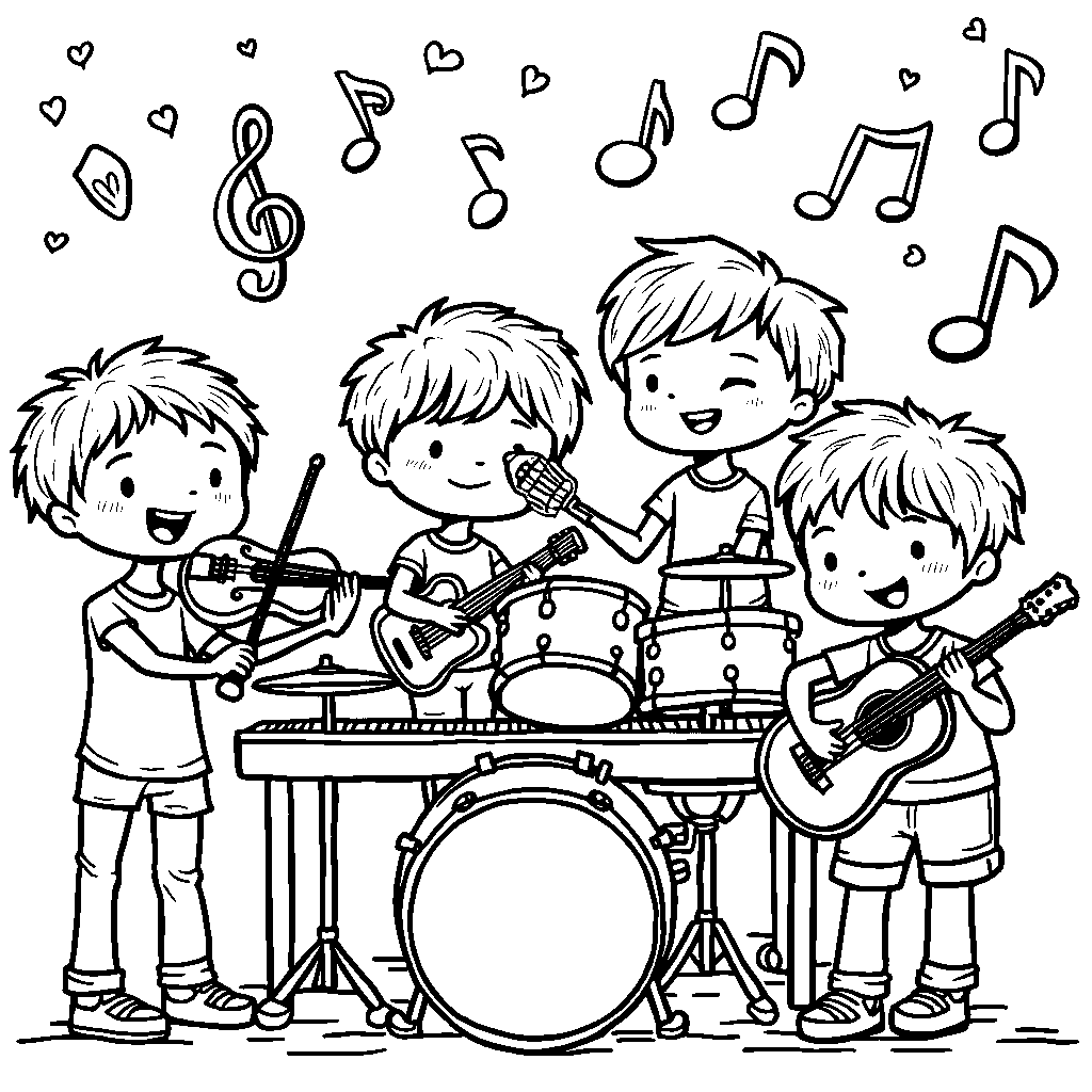 A musical notes scene with kids playing different instruments