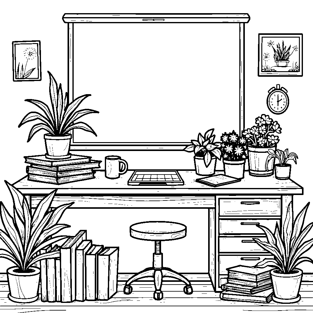 A teacher’s desk filled with plants, books, and a coffee mug