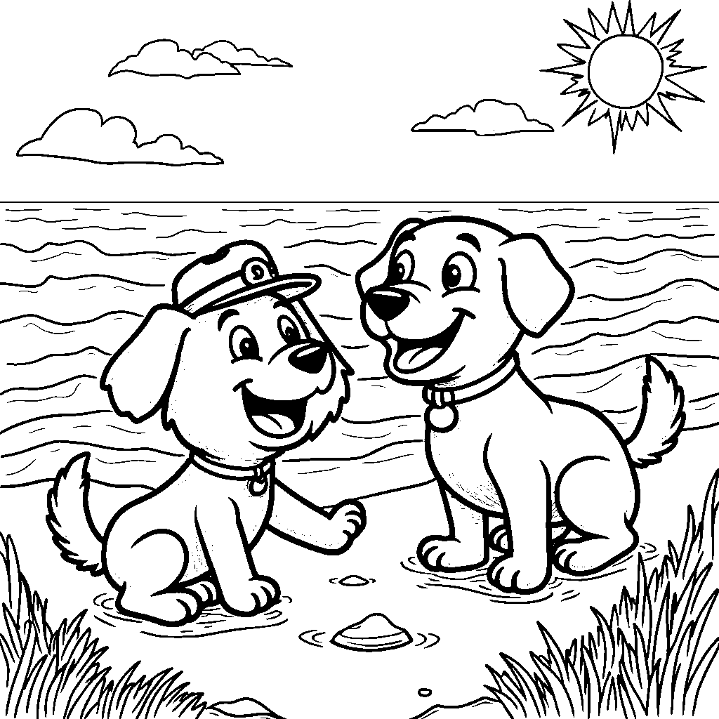 Blippi and a friendly dog playing fetch at the beach