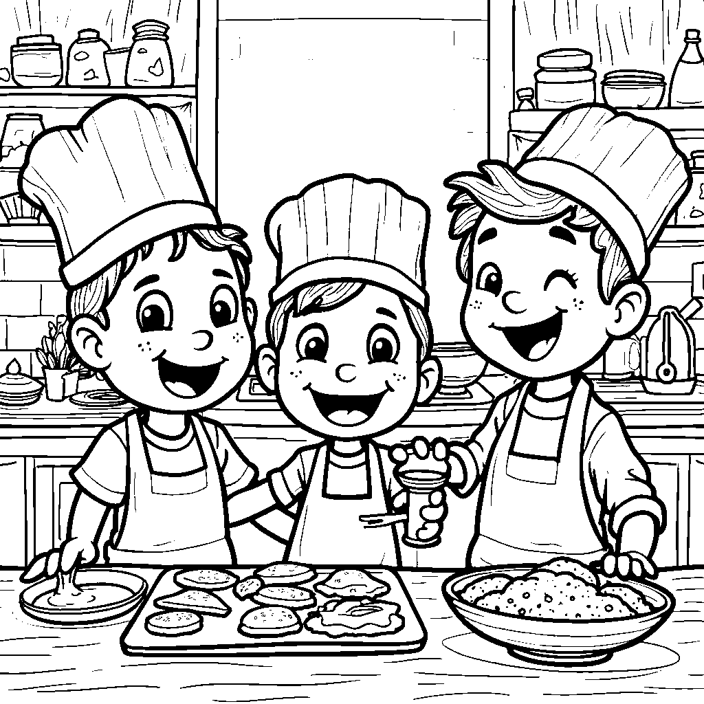 Blippi baking cookies with his friends in a colorful kitchen