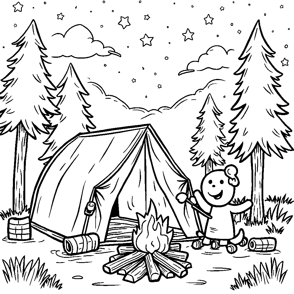 Blippi camping in the woods by a campfire