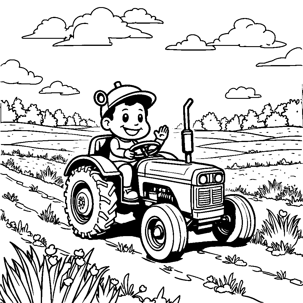 Blippi driving a bright blue tractor through a field