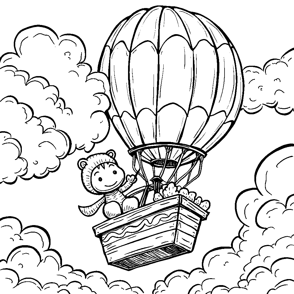 Blippi flying in a hot air balloon