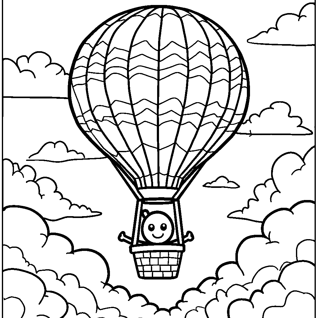 Blippi in a colorful balloon, floating above the clouds