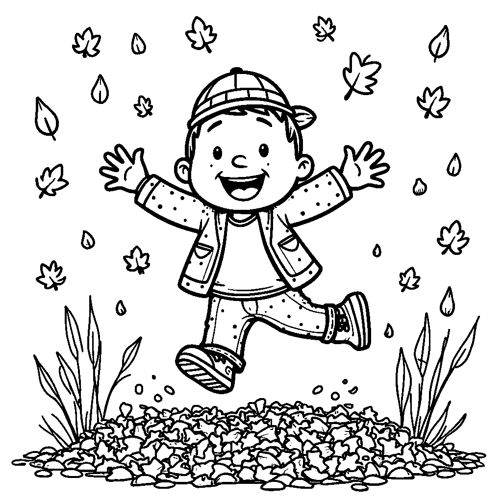 Blippi jumping into a giant pile of leaves