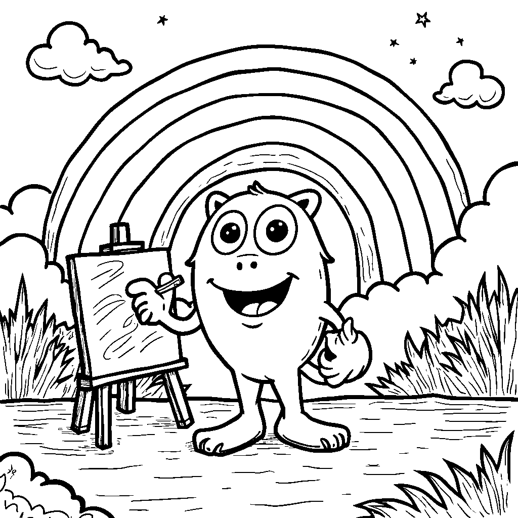 Blippi painting a big rainbow in the sky