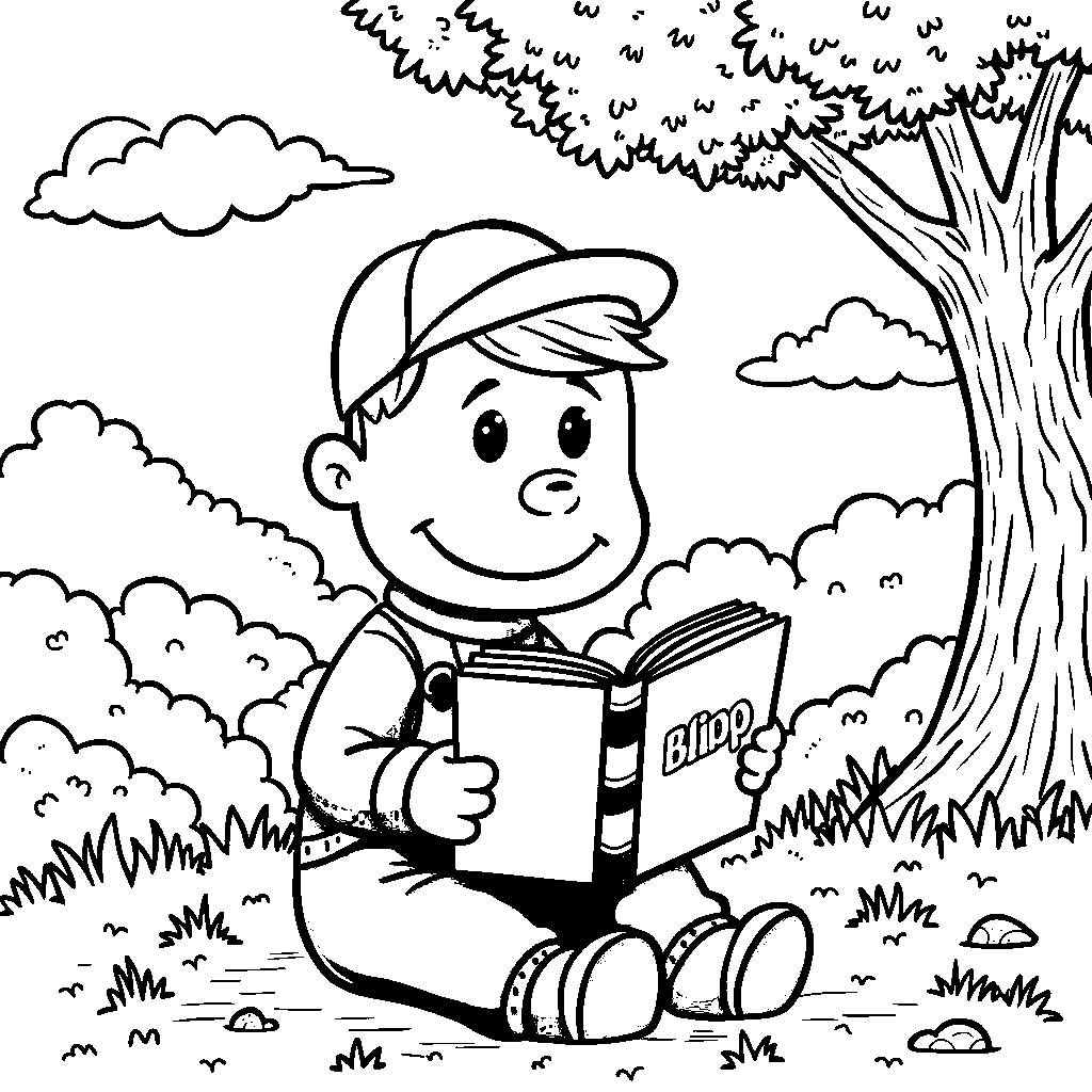 Blippi reading a big book under a tree