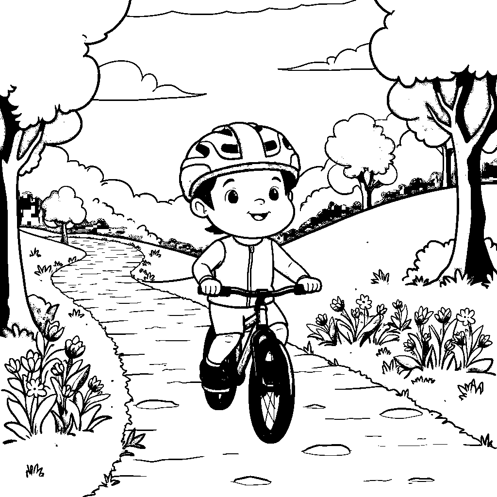 Blippi riding a bicycle down a scenic path