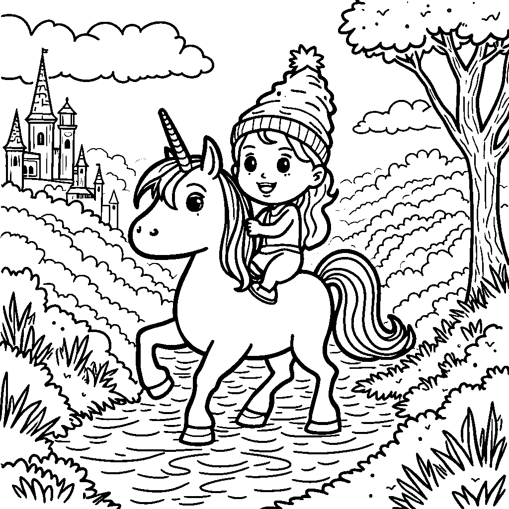 Blippi riding a unicorn in a fairytale setting