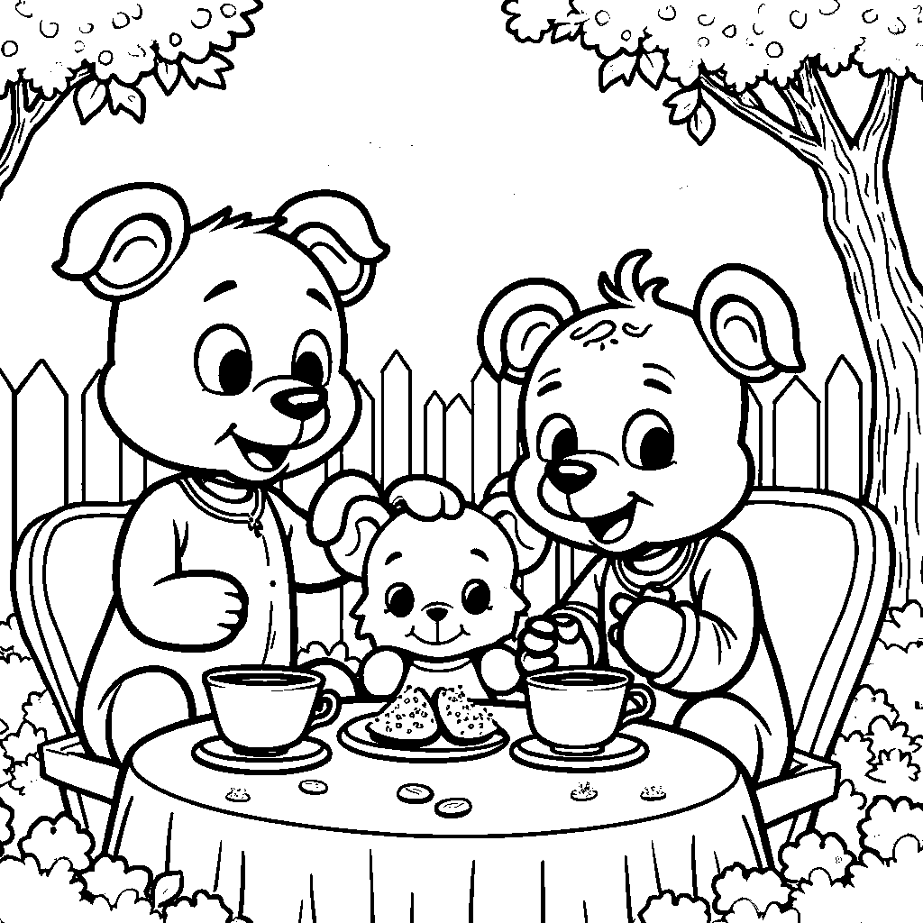 Bluey and Bingo having a tea party with their stuffed animals