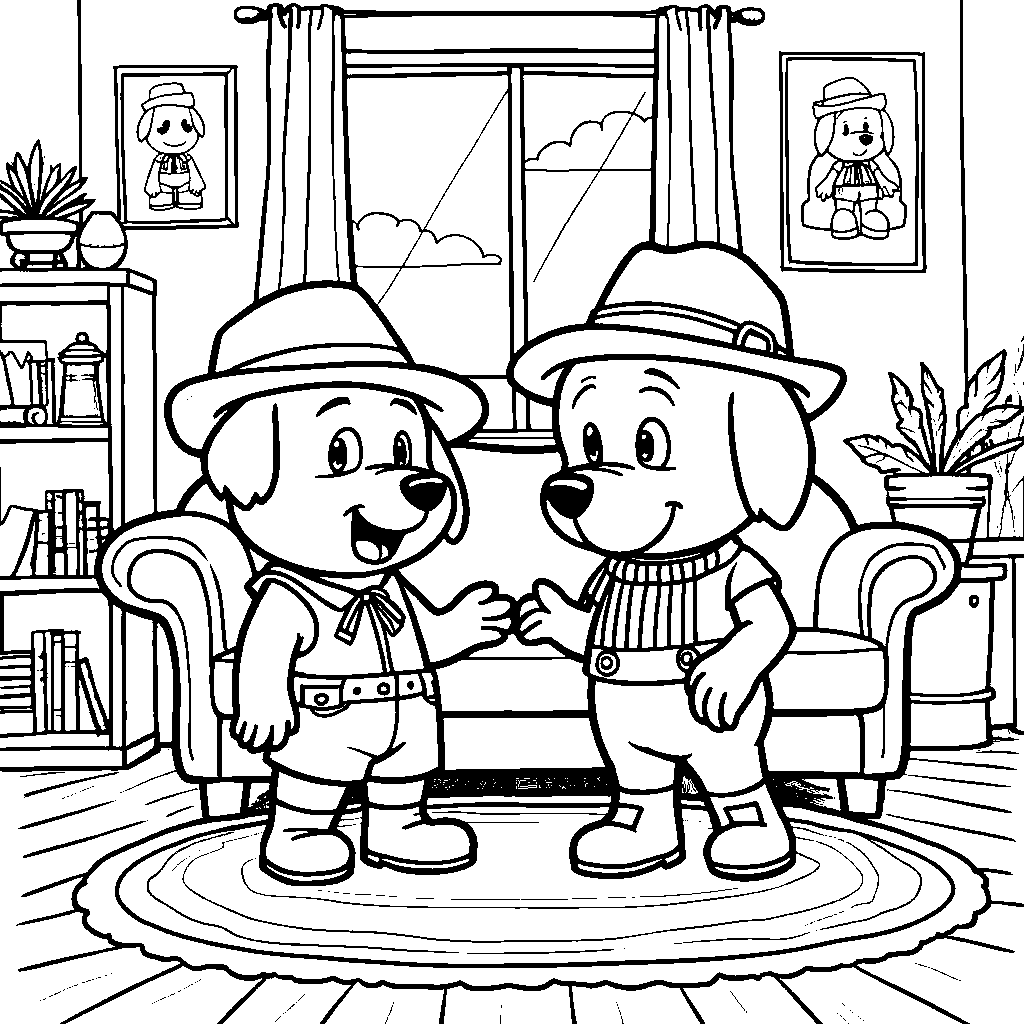 Bluey and Bingo playing dress-up in the living room