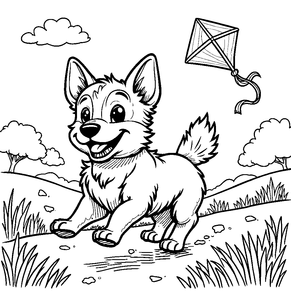 Bluey playing with a kite in the wind