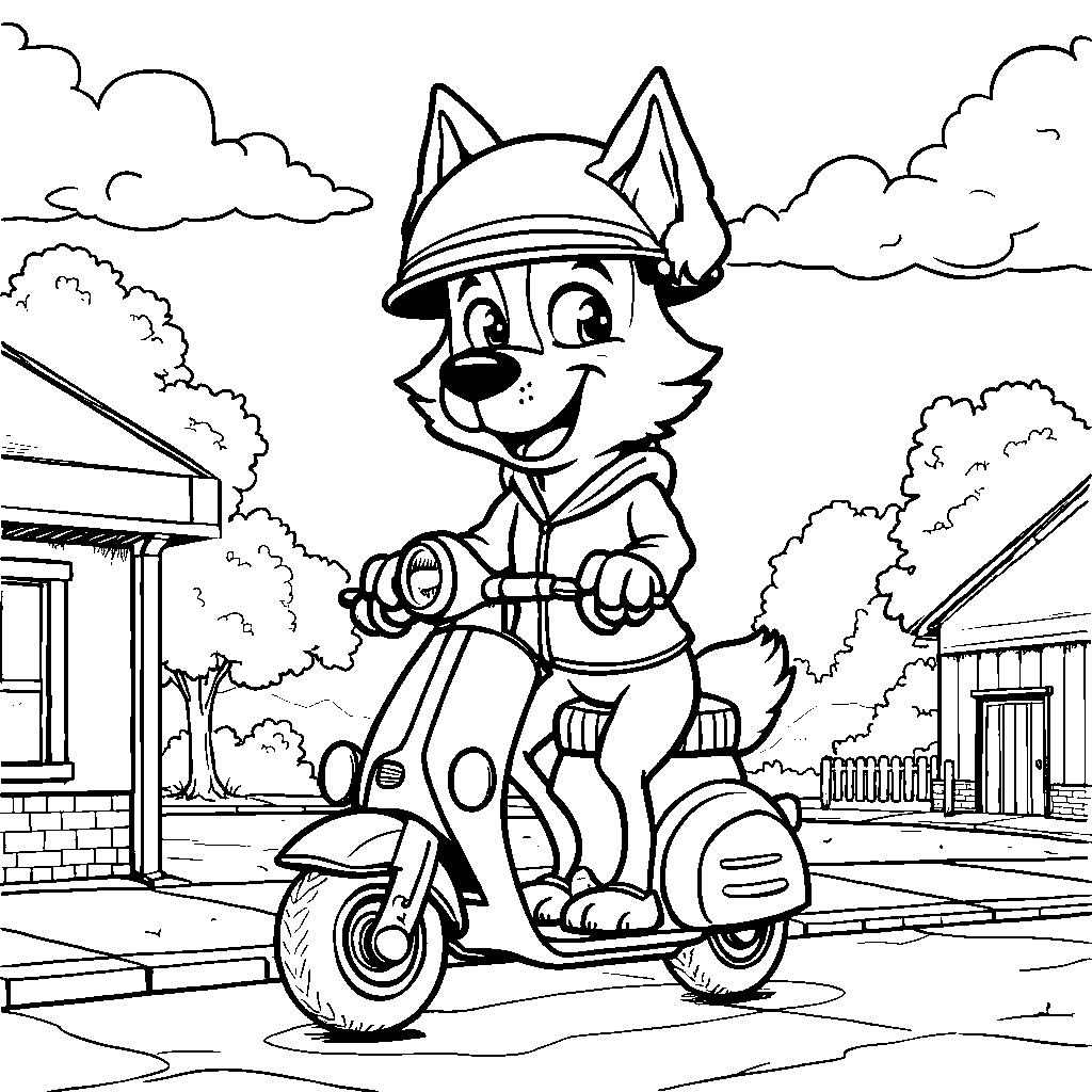 Bluey riding a scooter down the sidewalk